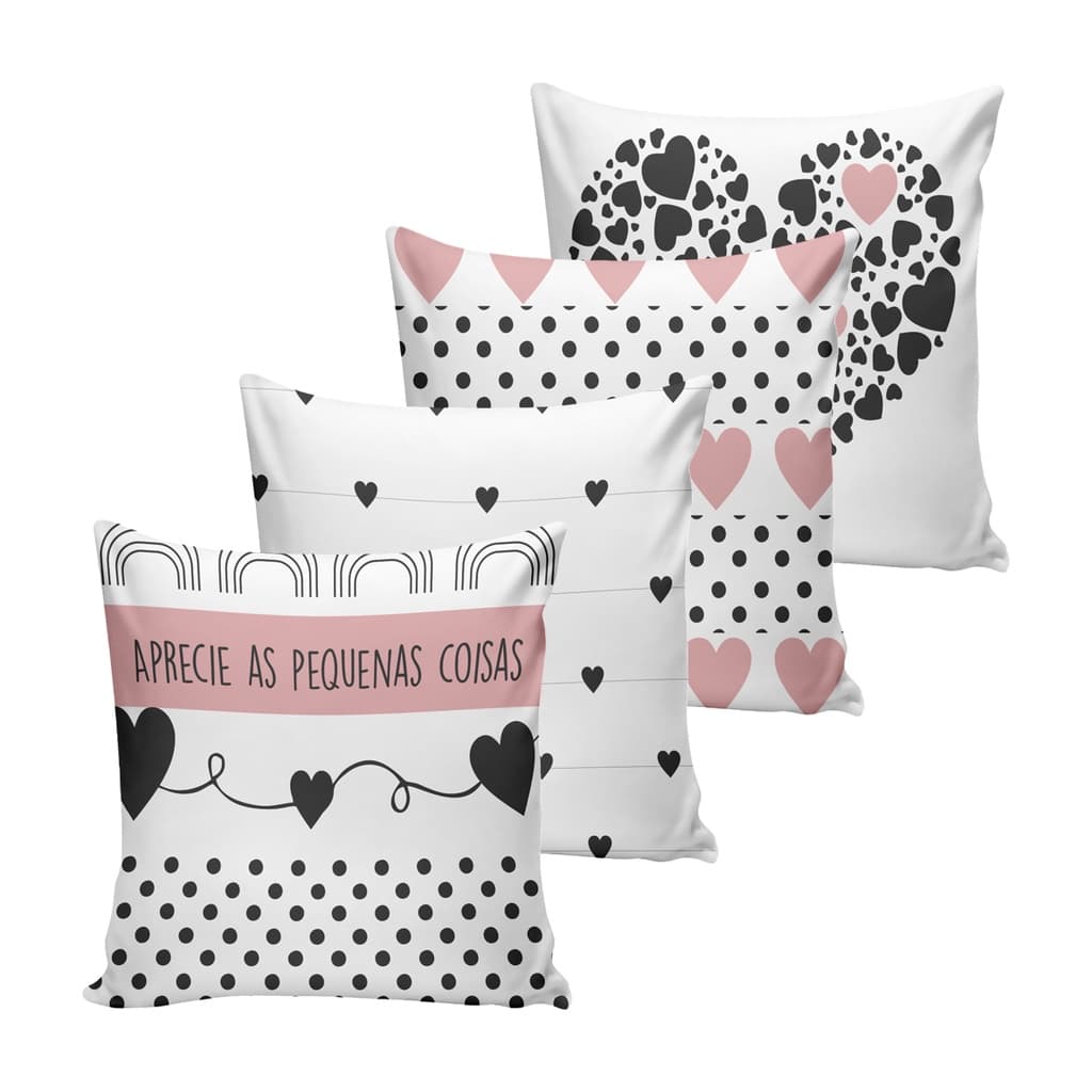 Kit com 04 Capas Para Almofada Corações Estampada com zíper - 40cm x 40cm - Decoração Sofá ou Cama