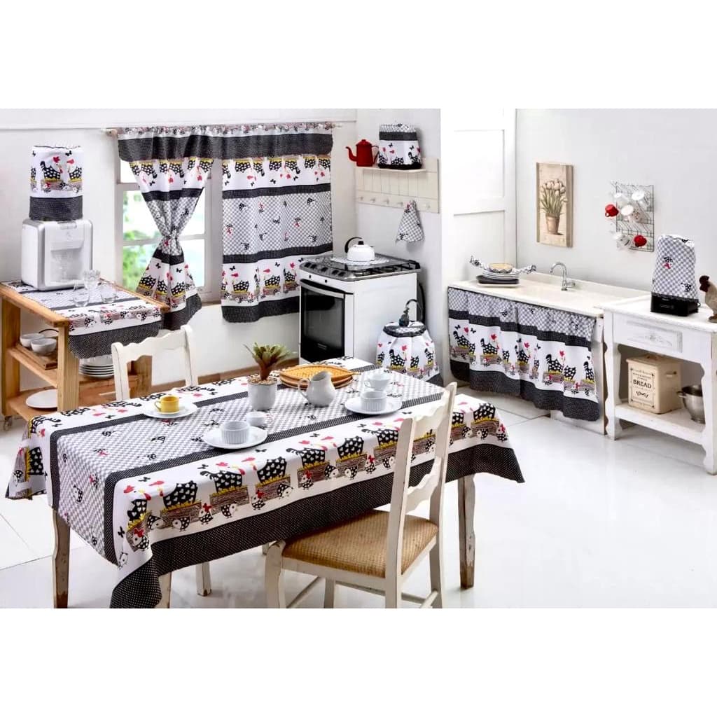 02 Kits Jogo de Cozinha Tergal 10 Peças Cada Cortina Capas Toalhas Estampadas Variadas Atacado