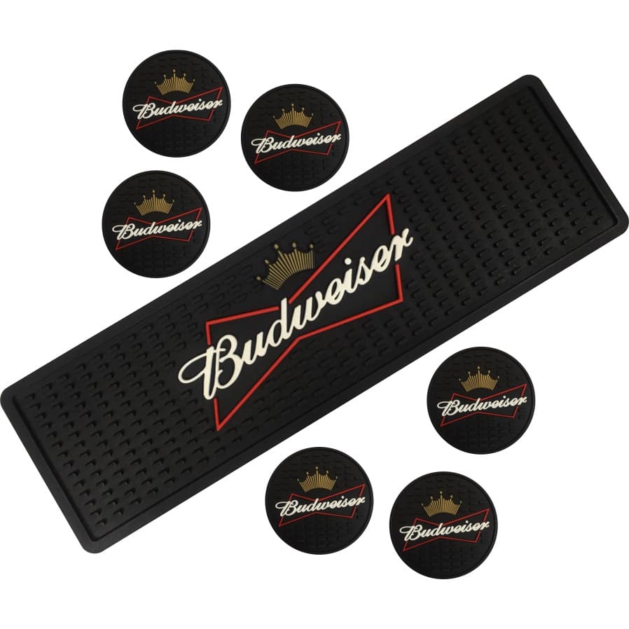 Tapete Barmat Bud 50x15 + 6 Porta Copos Service Mat Tapete Escorredor Para Mesa Bar Balcao