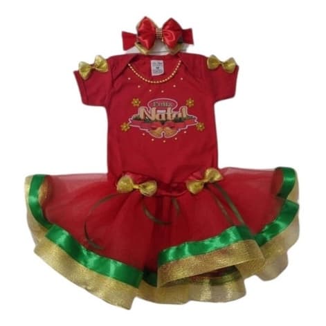 Conjunto Festa De Natal Infantil Feminino Saia + Body + Laço