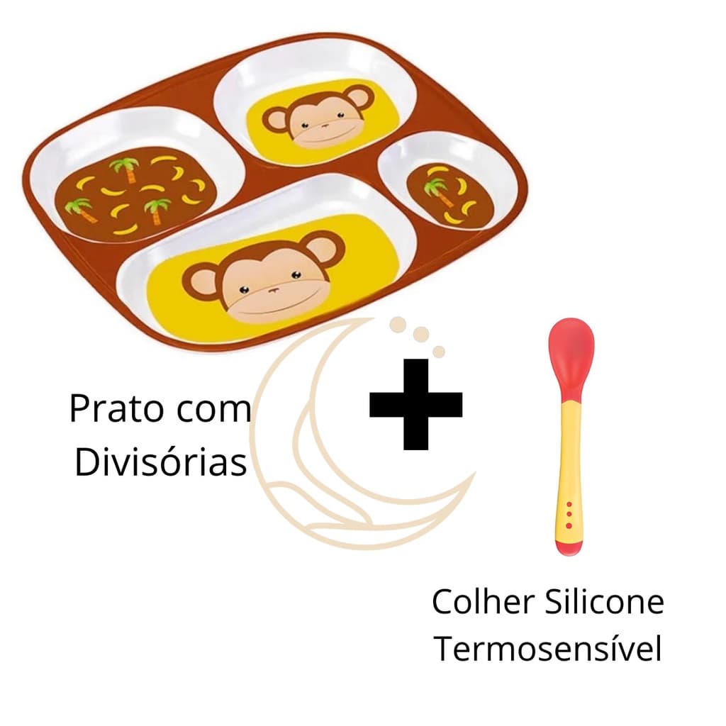 Prato Infantil Quadrado com Divisórias Com Colher de Silicone Termosensível Bebê