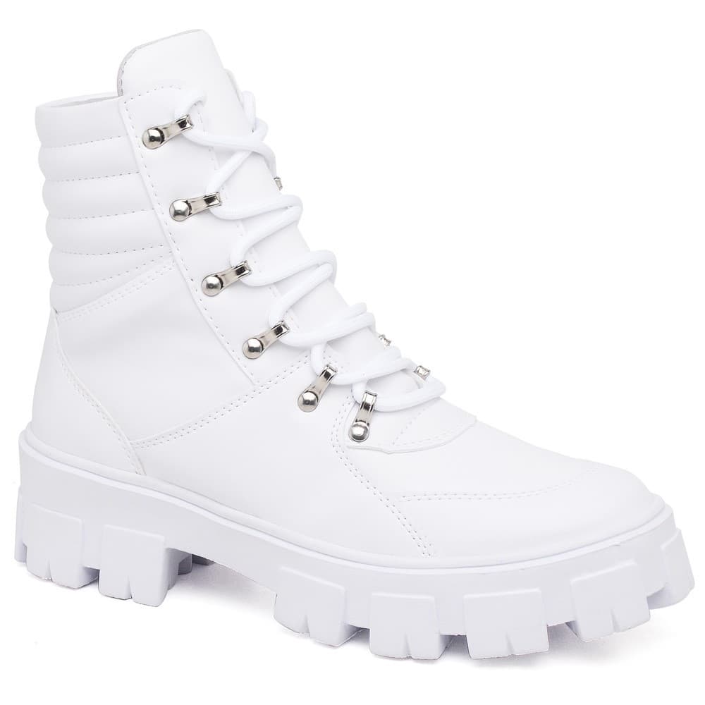 Bota Feminina Tratorada Branca Coturno Cano Médio Almofadada Macia Passador de Metal