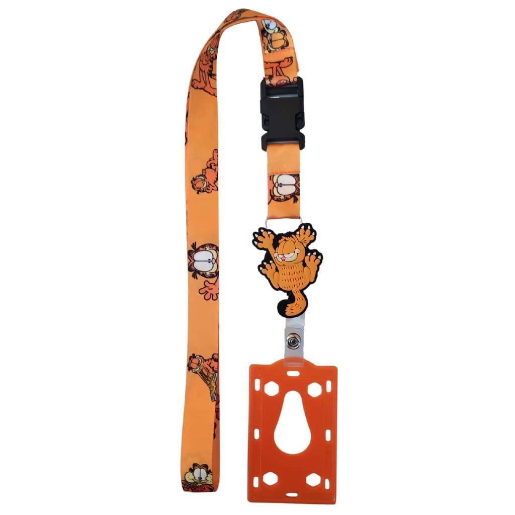 Kit Cordão Garfield com Fecho Engate Rápido + Porta Crachá Retrátil Garfield + Porta Cartão Laranja