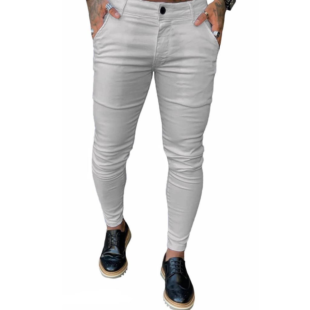 Calça Alfaiataria Skinny Social Cinza Claro Esporte Fino Calça Sarja Elastano Skinny Masculina