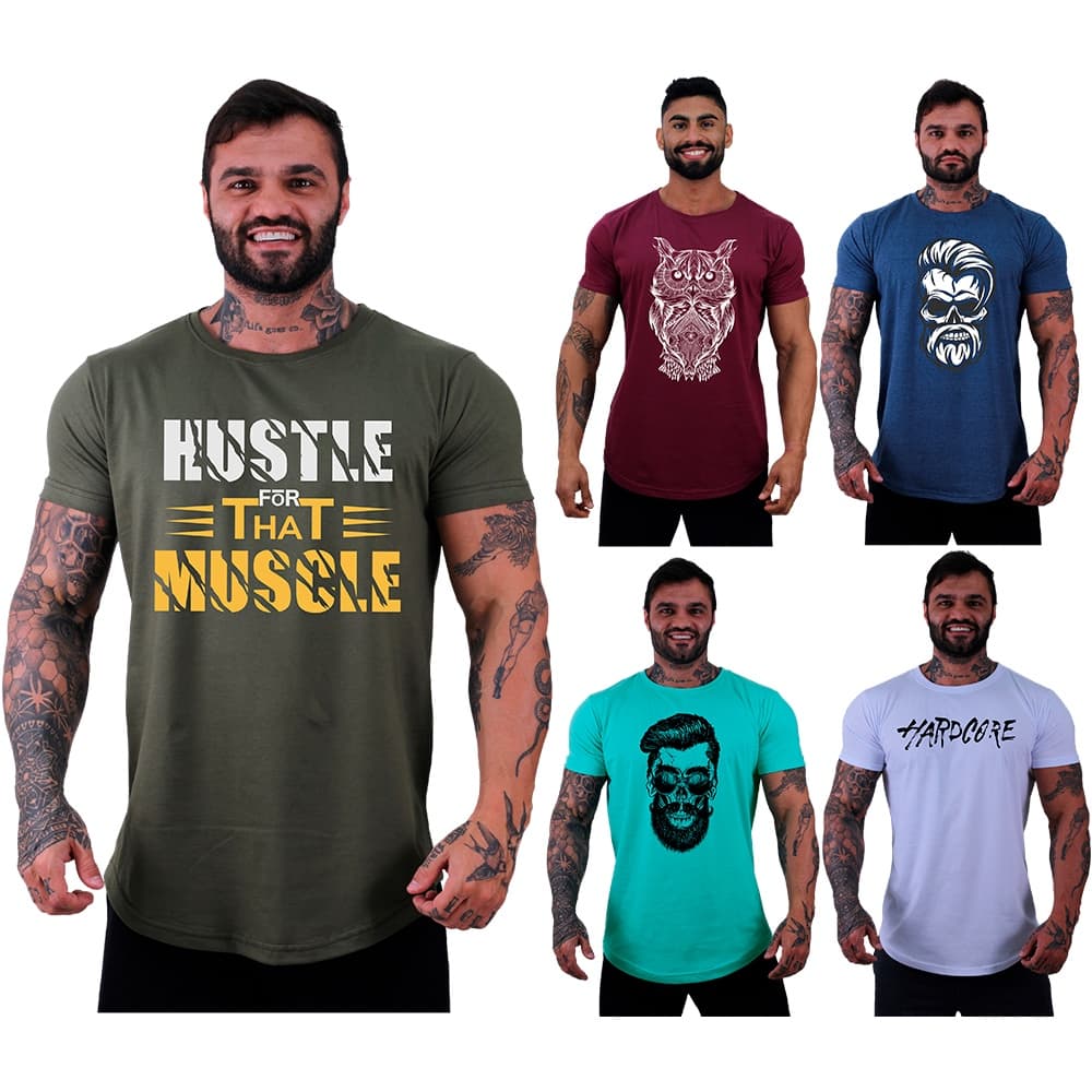 Kit 5 Camisetas Longline Masculina MXD Conceito Fio 30.1 Penteado Estampado Manga Curta Slim Caveira Boné No Pain No Gai