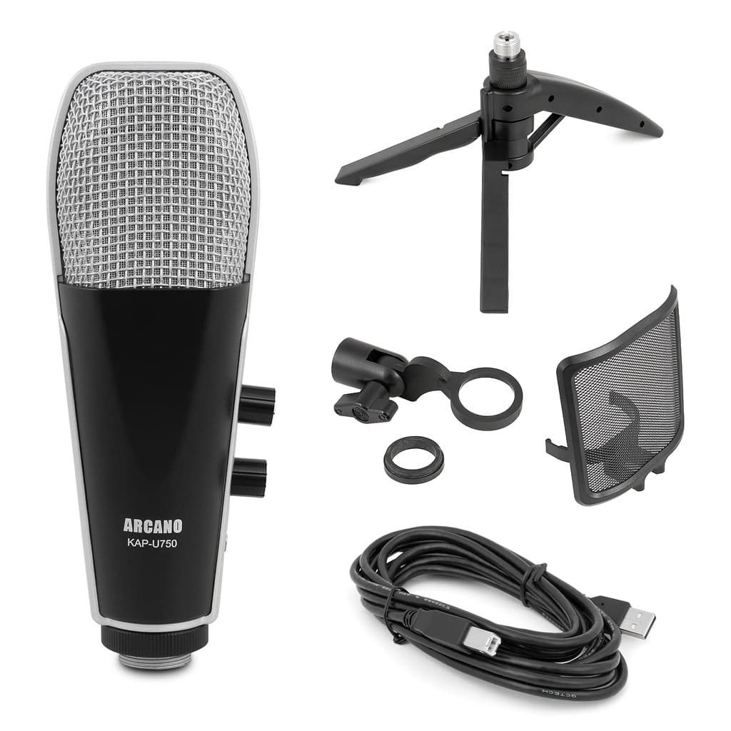Microfone condensador USB Arcano KAP-U750 com tripé filtro cabo