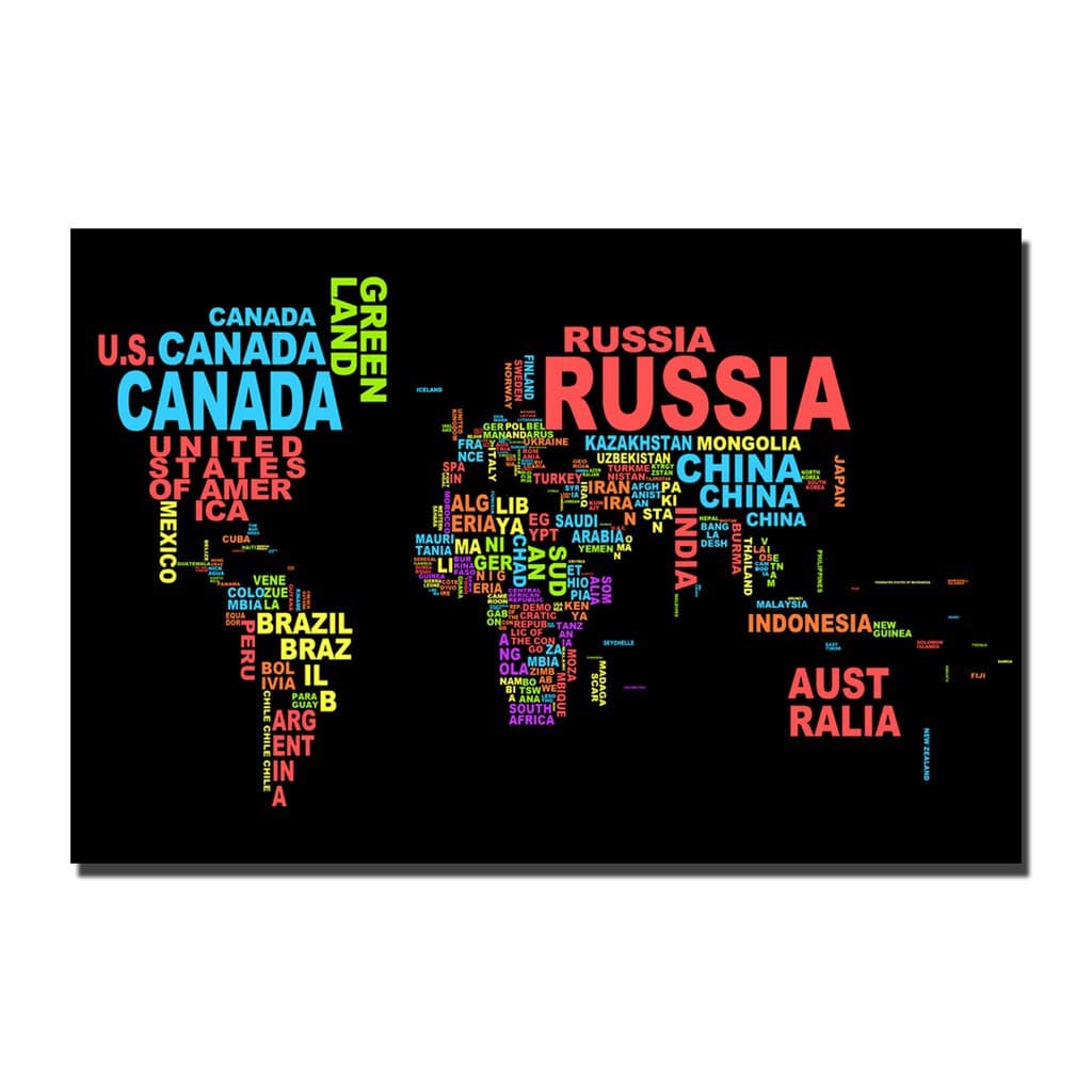 Quadro Decorativo Mosaico Mapa-Múndi Nomes Escritos Países Continentes Conceitual Design Moderno Decoração Sala Quarto 60x40cm