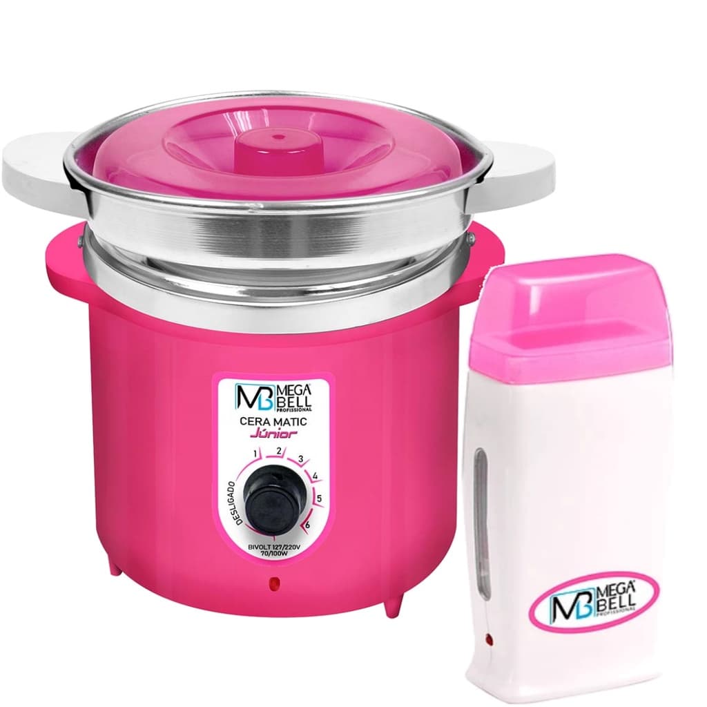Kit Depilação Termocera 400gr Com Refil Corpo Rosa + Aquecedor de Cera Roll-on Rosa Mega Bell