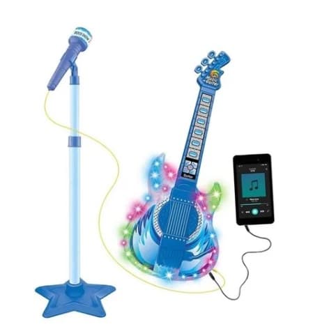 Guitarra de Brinquedo Com Microfone Infantil Pedestal Musical Karaoke Divertido Som Luz MP3 Conecta Celular Azul Rosa
