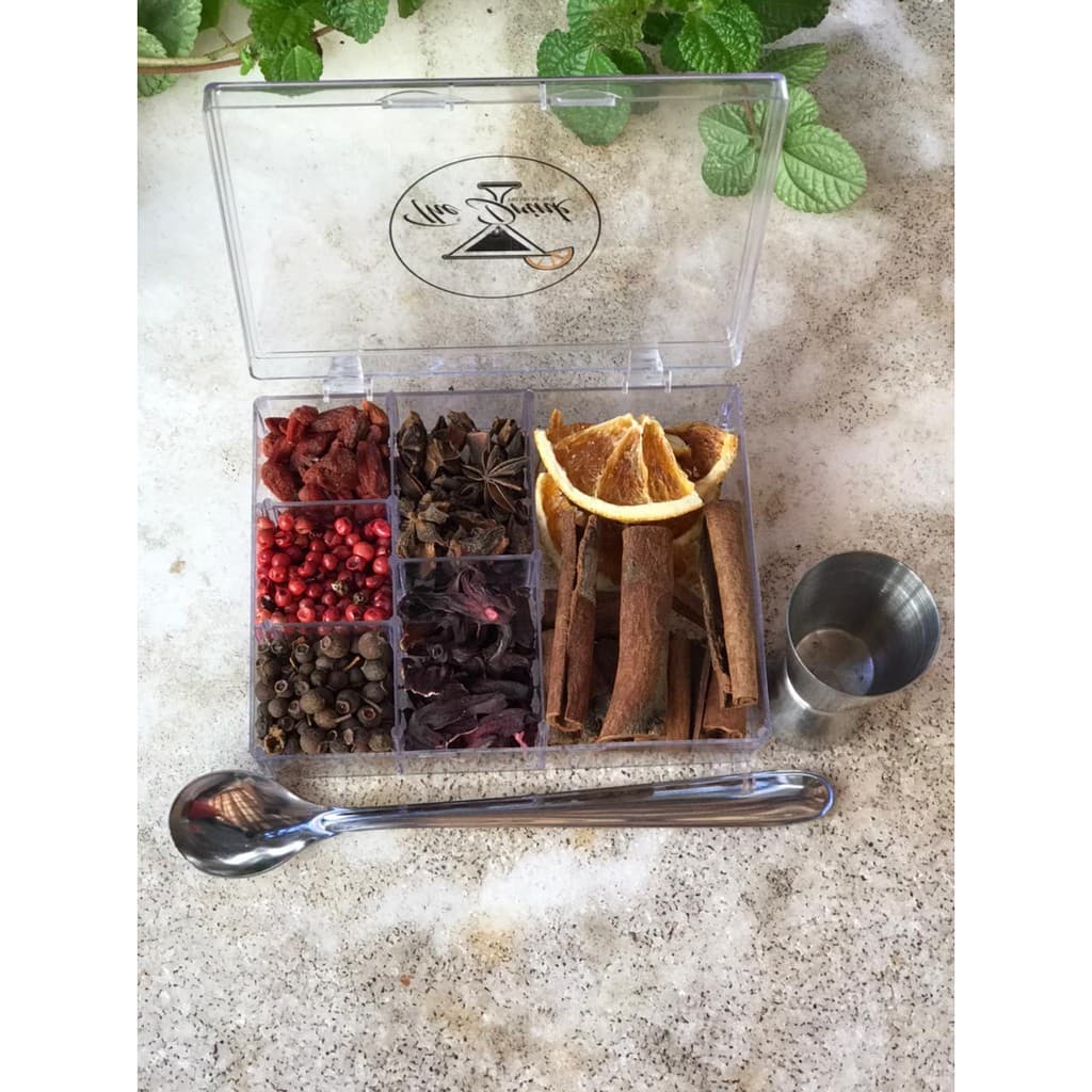 Kit Gin Tônica 07 Especiarias + Colher + Dosador - Melhor Escolha Pronta Entrega - Estojo Acrílico