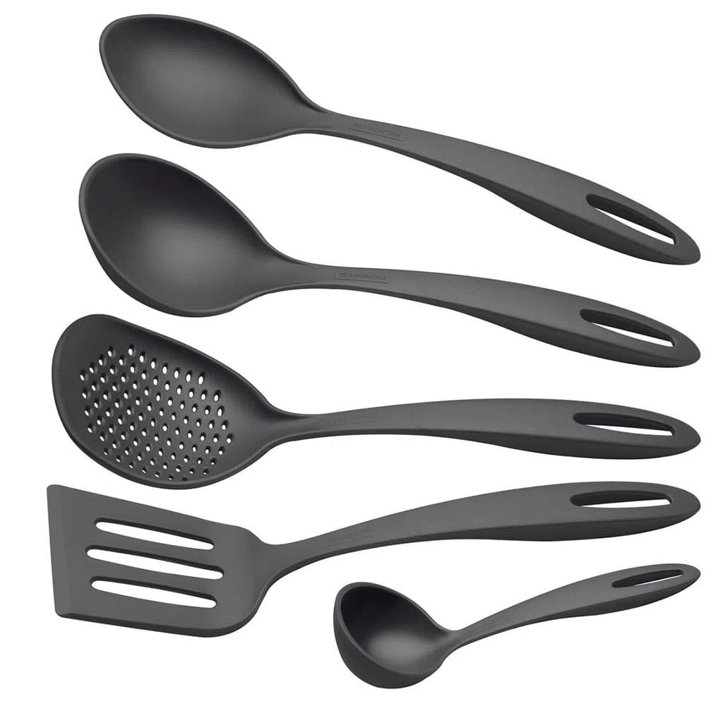 Jogo de Utensílios Cozinha Tramontina Nylon Ability Preto  - 5 Peças Espátula Colher de Servir Espumadeira Conchas