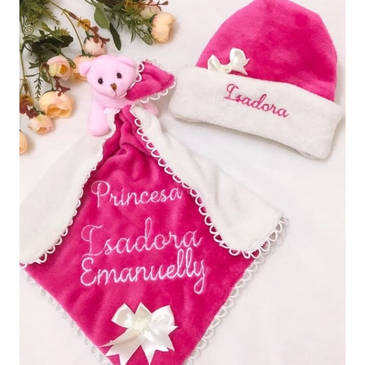 Kit touca e naninha personalizadas para bebê