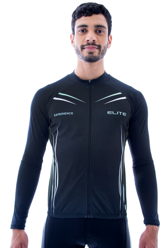 Camisa de Ciclismo Elite Masculino Manga Longa Preto e Verde