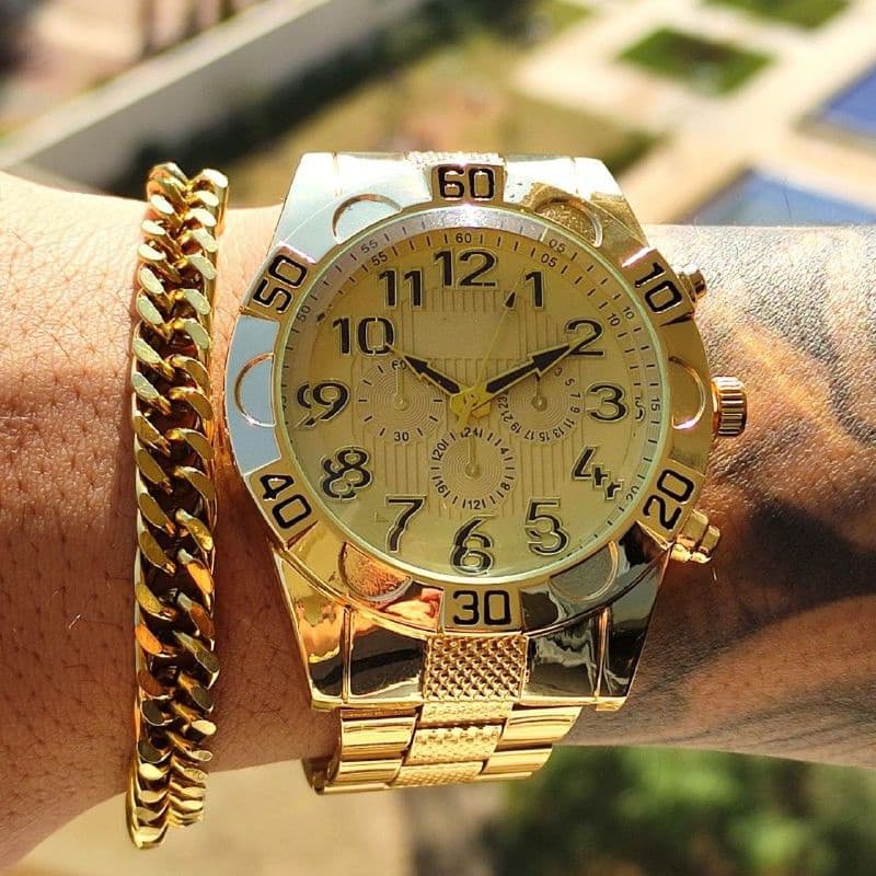 Relógio Masculino Dourado Luxo + Brinde Pulseira Banhado Ouro 18k