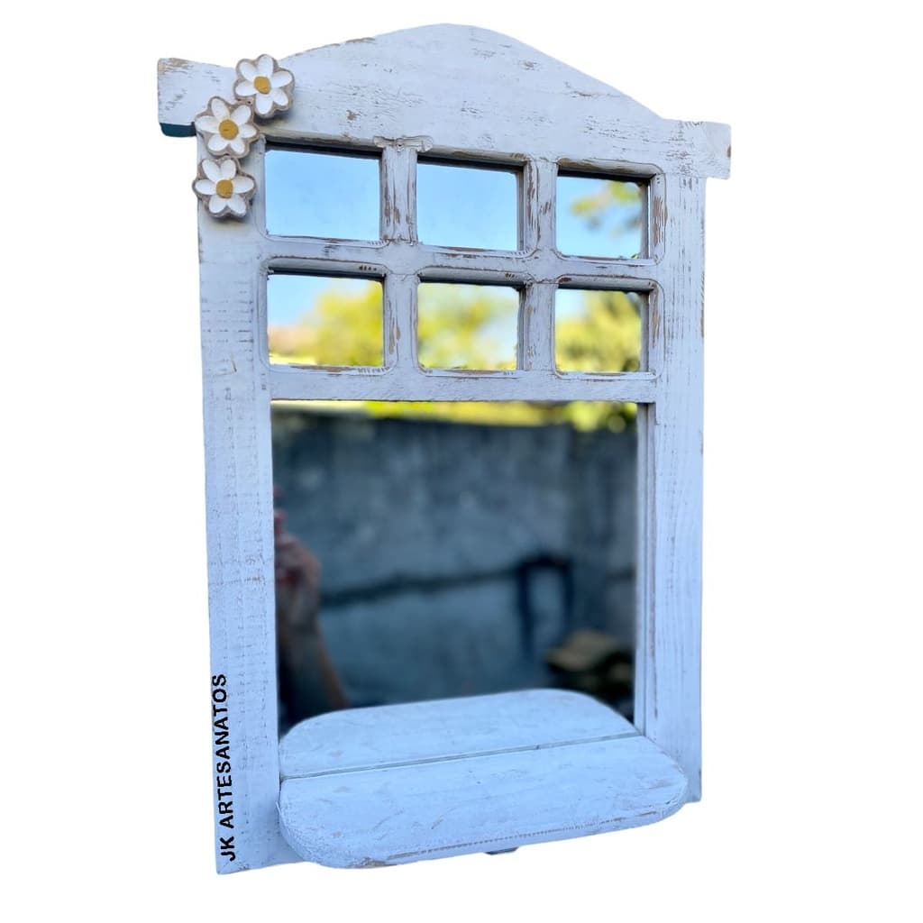 Moldura Guilhotina Madeira Artesanal Pátina, de parede, com espelho, branca, decoração, artesanal, flores decoradas, envio imediato