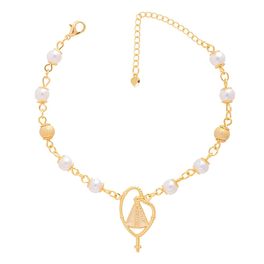 Pulseira Perola Bola Fosca Nossa Senhora Folheado A Ouro