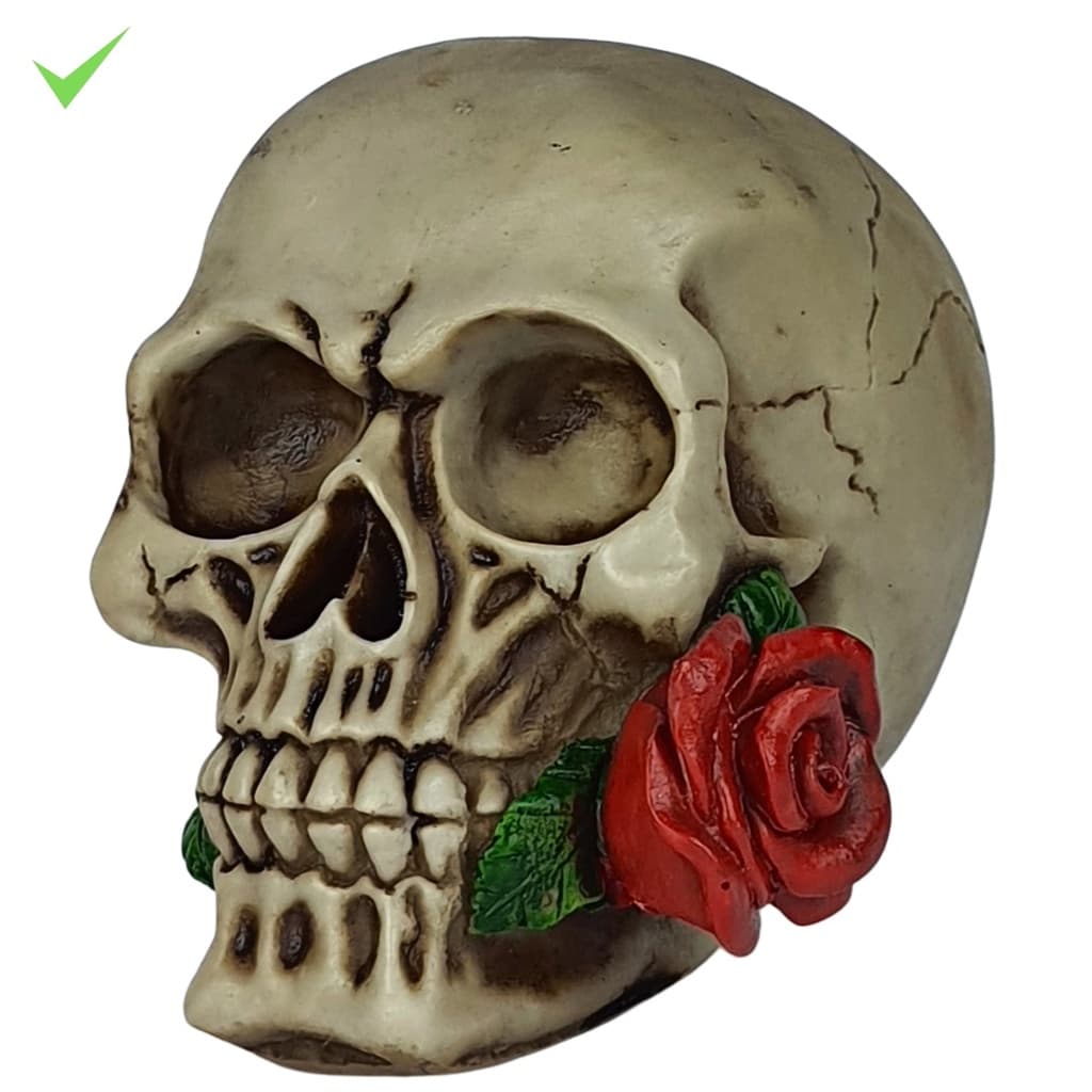 Caveira Com Rosa Na Boca Enfeite Decorativo Halloween Resina