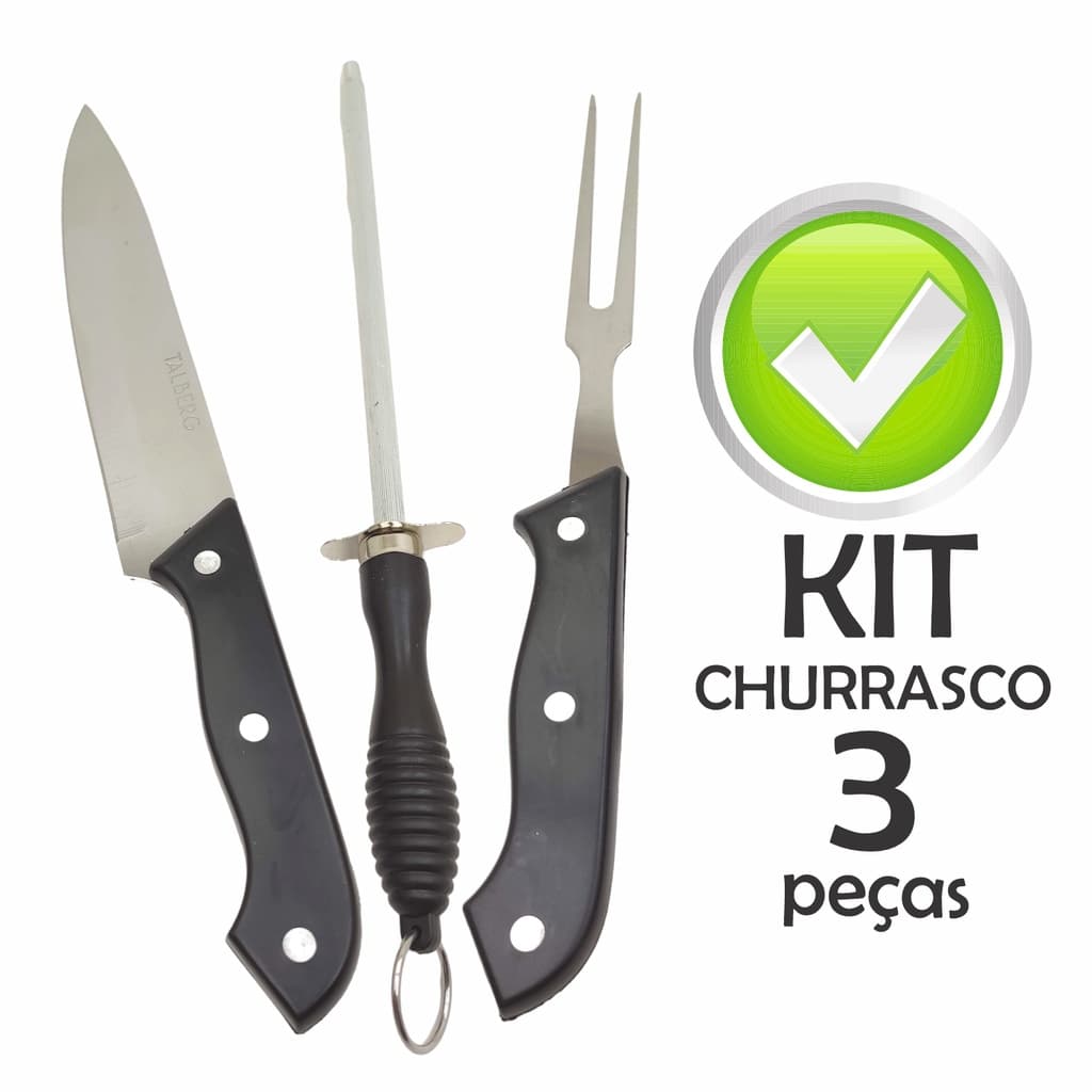 Kit Para Churrasco Faca De Corte Garfo Trinchante Chaira Afiador Amolador Aço Inox 3 Peças