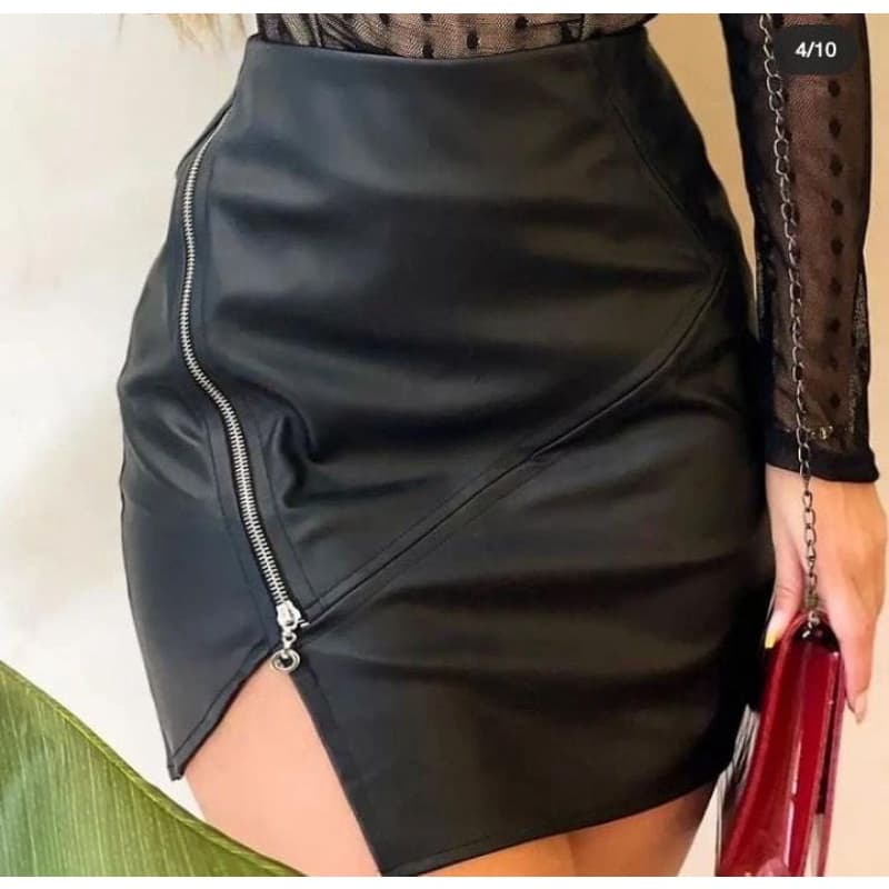 Saia Feminina de Couro Sintético com Zíper Lateral Assimétrico Moda Fashion