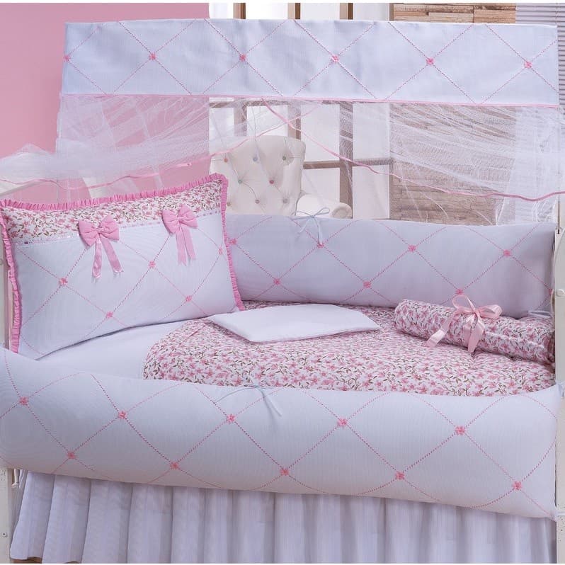 Kit Protetor Berço Completo 10 Peças  + Saia Brinde Padrão Nacional e Americano Modelo Cristal Menina Rosa - Promoção