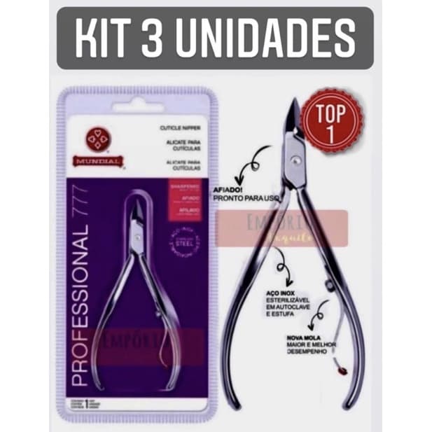 kit com 3 alicate mundial 777 PROFISSIONAL INOX manicure unha