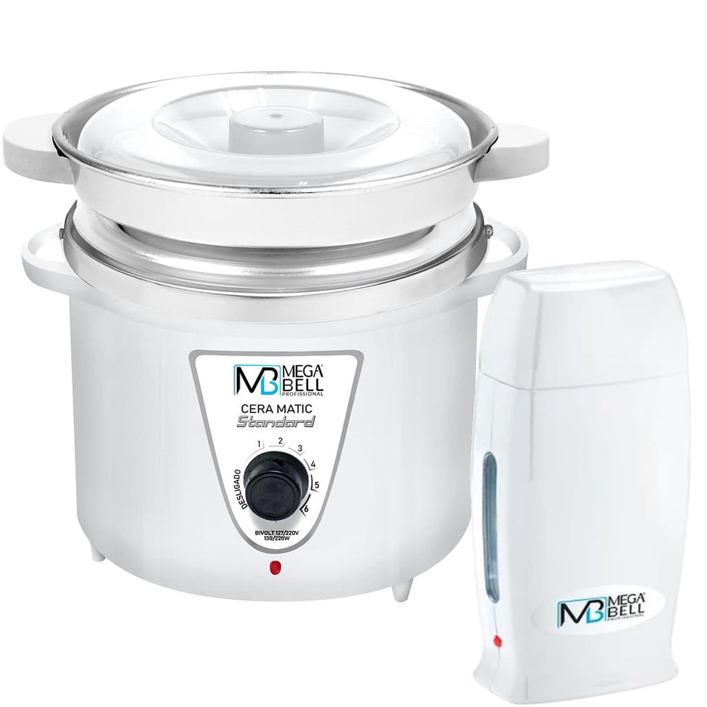 Kit Panela Depilação Termocera 900g c/ Refil Branco + Aquecedor de Cera Rollon Todo Branco Mega Bell