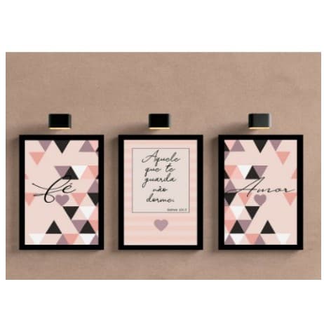 Kit 3 Quadros Decorativos Sala, Quarto, Escritório Decoração Amor Love Fé Gratidão Aquele que te guarda não dorme triangulo abstrato