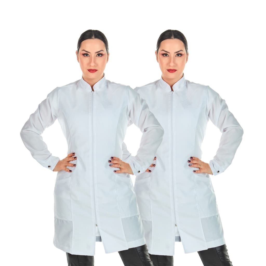 Kit 2 Jalecos Feminino Oxford Zíper Manga Longa Branco Médica Veterinária Dentista Esteticista Clínica