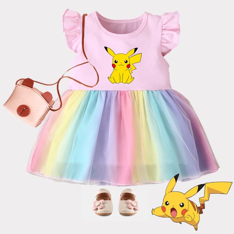 POKEMON GO cute Pikachu Vestido De Menina Manga Flared Rainbow Bonitinho