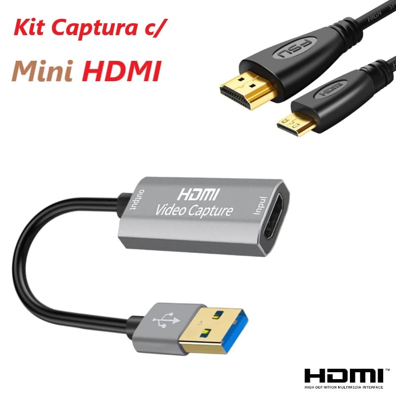 Kit Captura com Placa Captura + Cabo Mini 60 fps CINZA Hdmi 3.0 Full Hd 1080 4k Live Streaming