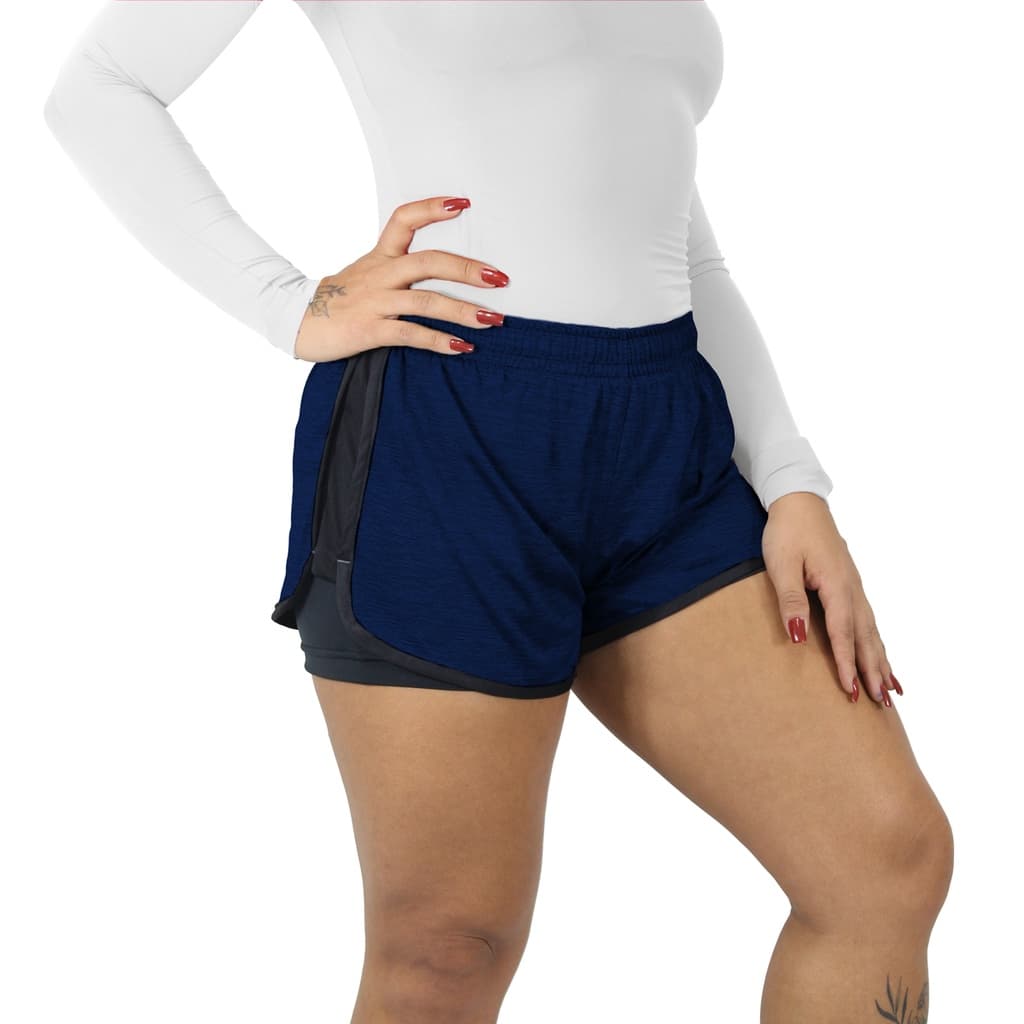 Short Feminino Treino Finta Run Daisy com Forro Térmico Azul e porta celular