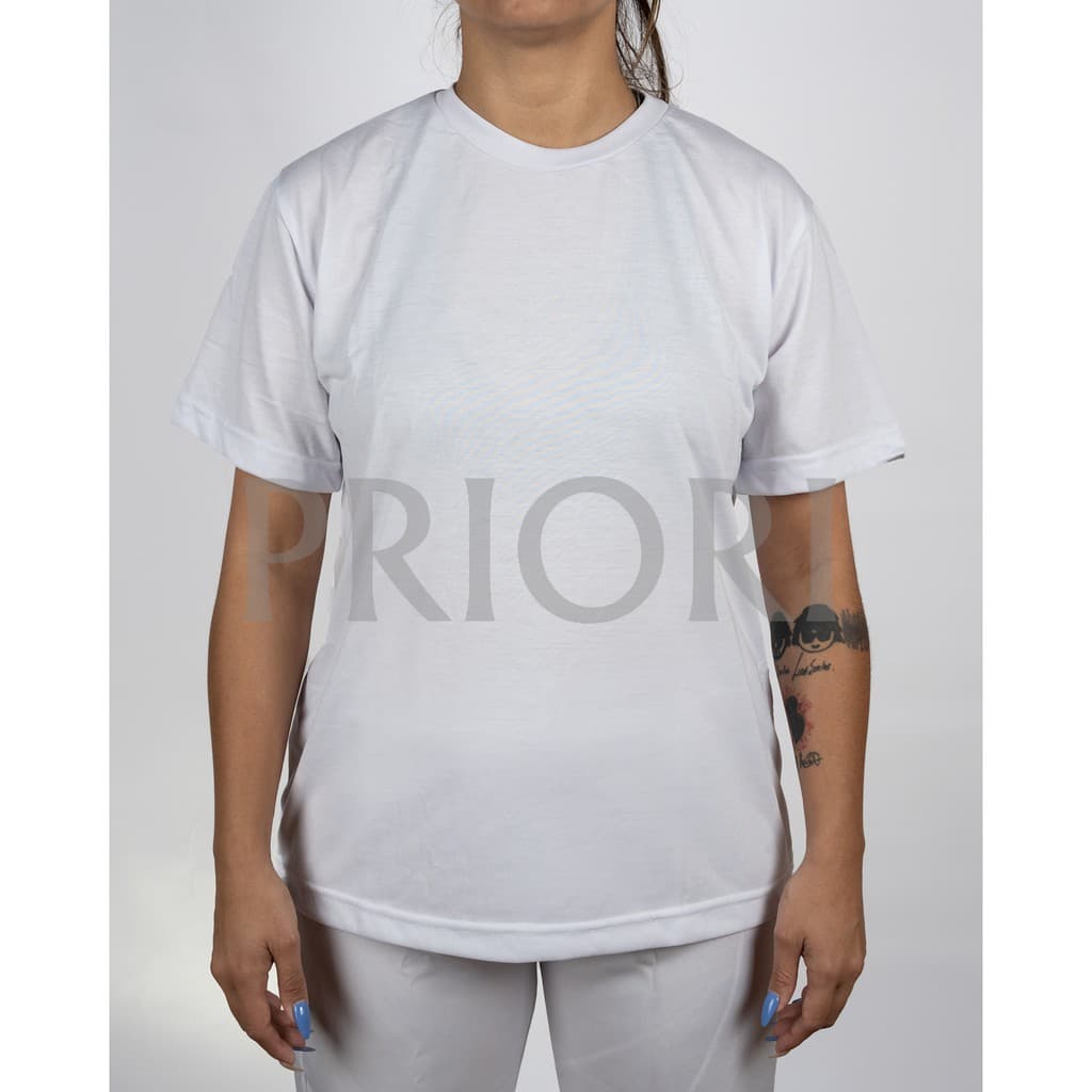 Camiseta branca lisa de poliviscose PV malha fria manga curta gola redonda