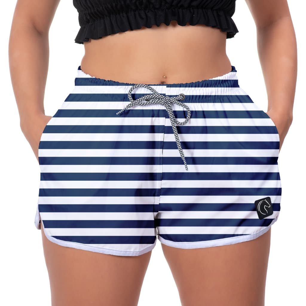 Short Feminino Moda Praia Premium Estilo Casual Soltinho Com Bolsos e Secagem Rápida Listras Azuis
