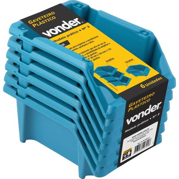 Gaveteiro plástico, jogo com 6 peças, modelo prático, nº 3, azul, VONDER