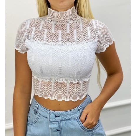 Cropped Renda Ondas Manga Curta Gola Alta