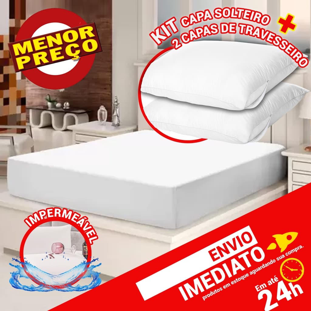 Kit Capa Colchão Solteiro + 2 Capas Travesseiro Impermeáveis Antiácaro Proteção Total - Pronta Entrega