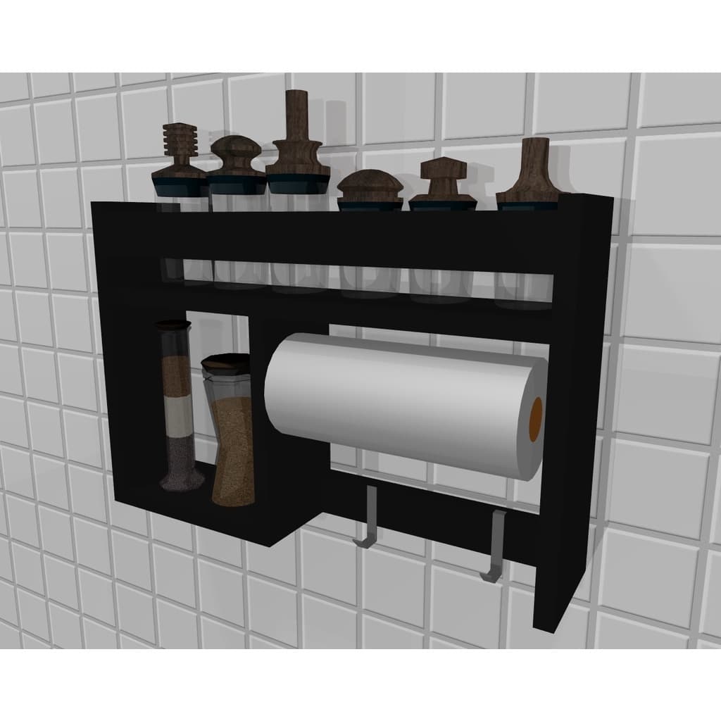 Porta Temperos Nicho Prateleira Cozinha MDF Branco ou Preto com Ganchos para Talheres, Pano de Prato e Porta Papel Toalha 45x30x10p