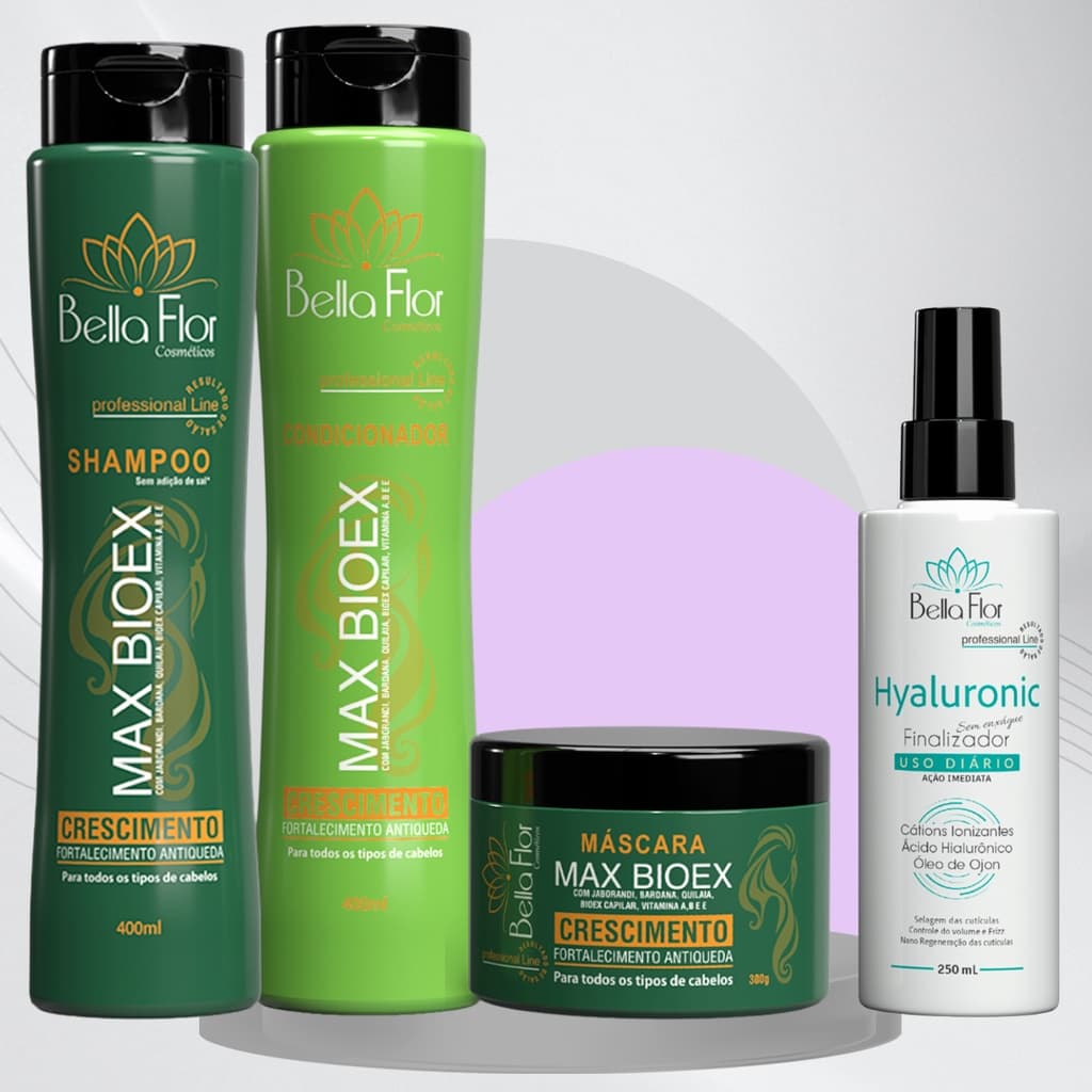 Kit Capilar Max Bioex 4 Produtos Shampoo Condicionador Máscara + Finalizador Hyaluronic Bella Flor Hidratação Reparação