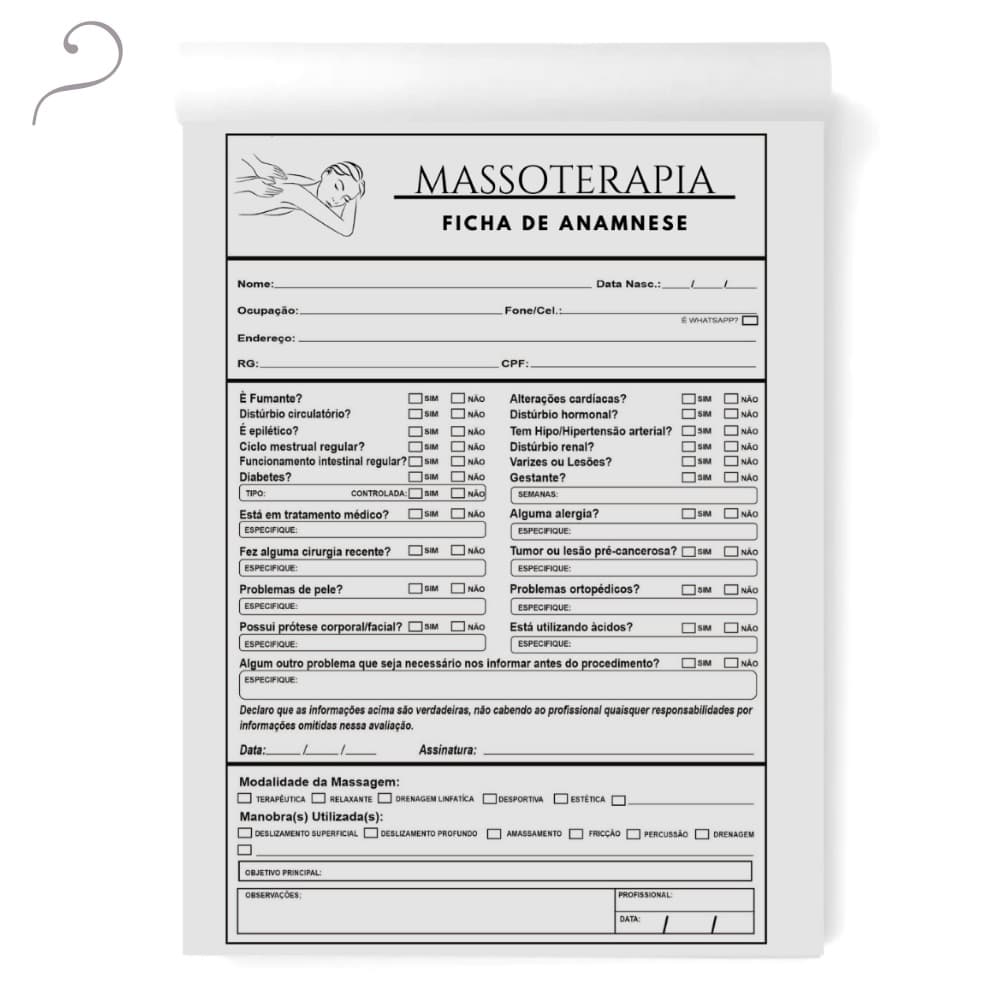 Bloco de Anamnese Ficha Cheklist para Massoterapia