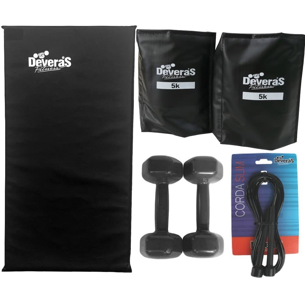 Par de tornozeleiras de peso 5 kg + Colchonete para academia + halteres 3 kg + corda de pular