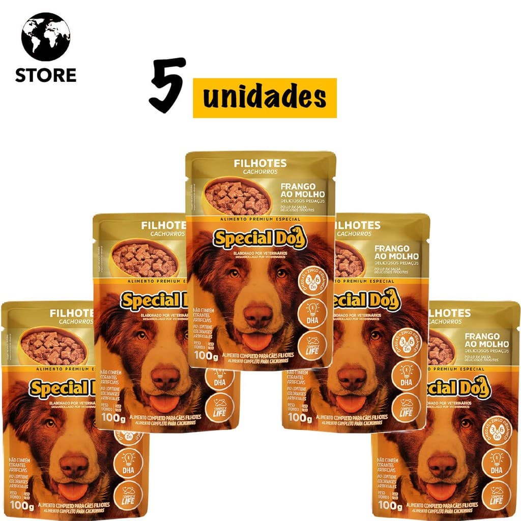 5 unidades Ração Úmida Special Dog Sachê Frango para Cães Filhotes 100g