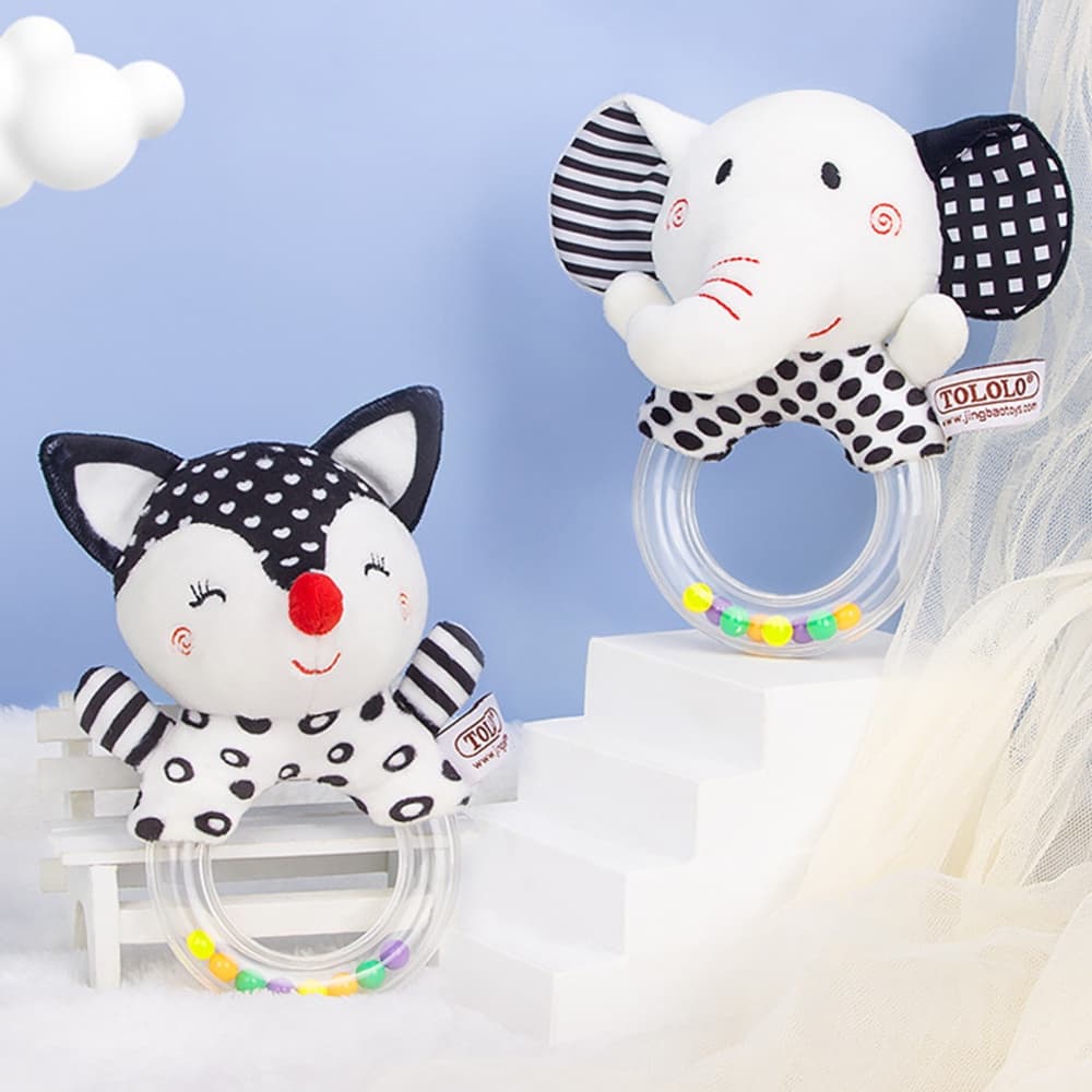 Chocalho Brinquedos Do Bebê Recém-Nascido Macio De Pulso Brinquedo Elefante Raposa Preto & Branco De Alta Contraste Sensory Com BB E Papel De Som Para 0-12 Meses