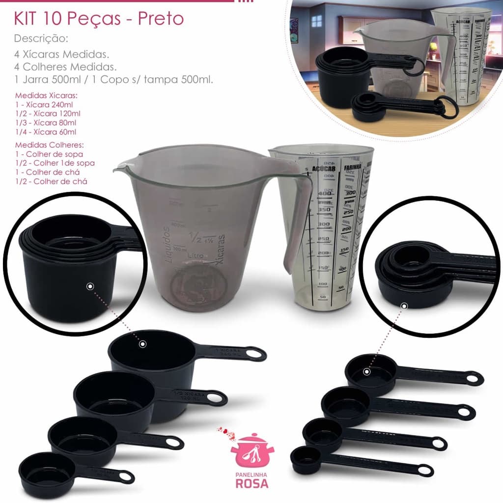 kit medidores 10 peças jarra de 500 ml copo de 500 ml xicara e colher  na cor preta casa