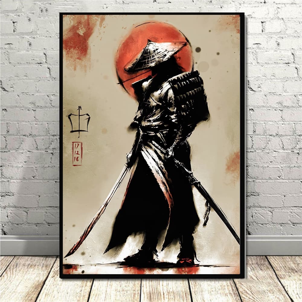 quadro decorativo 1 peça sol oriente samurai decoração luxo