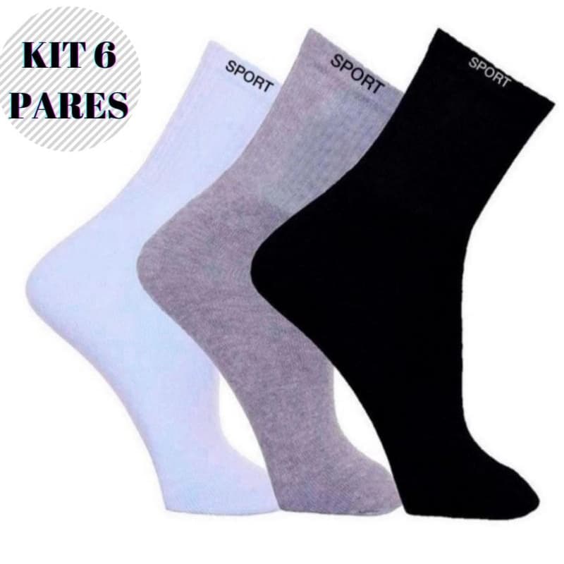 6 Pares de Meia Algodão CANO ALTO Sport Masculina Promoção