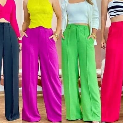 Calça Feminina Pantalona Com BOTAO Tecido Duna Wide Leg Flare Social Cores Verão