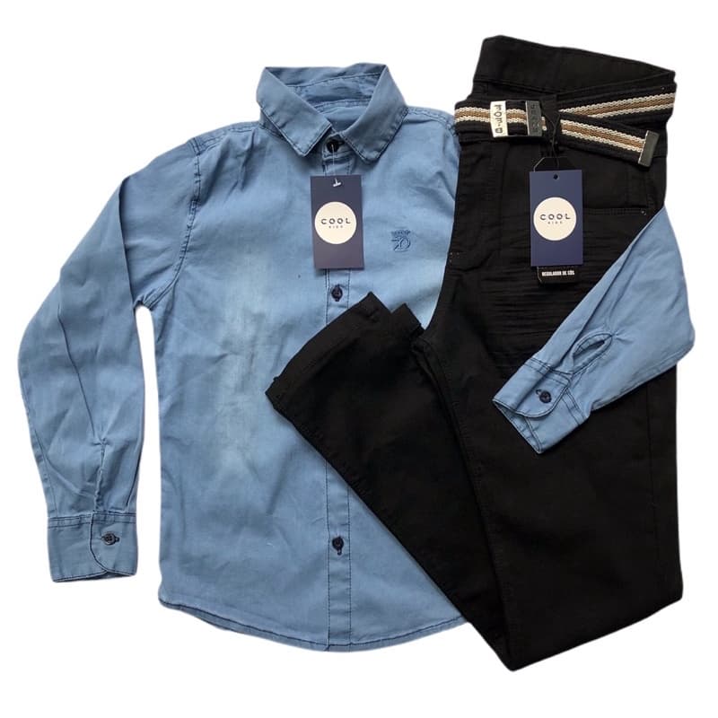 Conjunto Juvenil Menino Camisa Jeans Calça Sarja Preta Masculino 10 12 14 e 16Anos