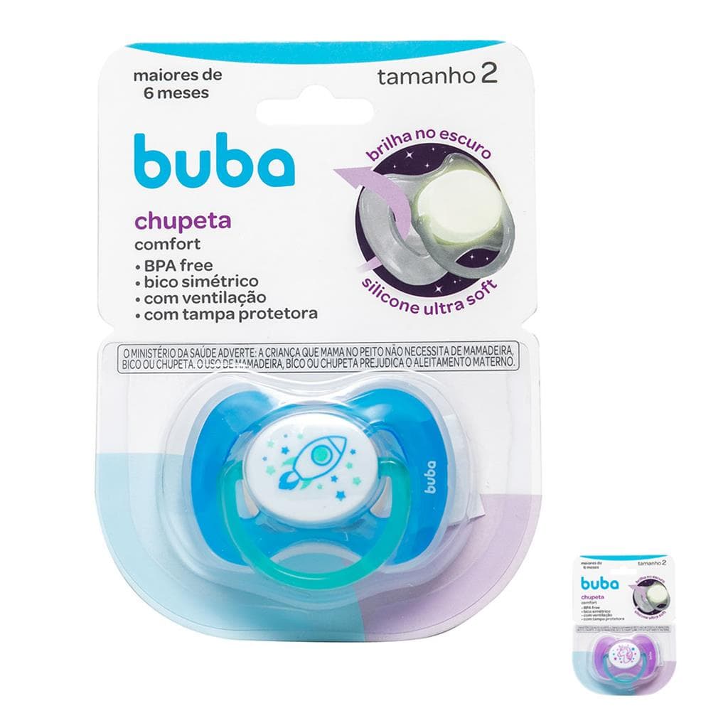 Chupeta Noturna com Tampa Brilha no Escuro Fase 2 Foguete Unicornio Buba
