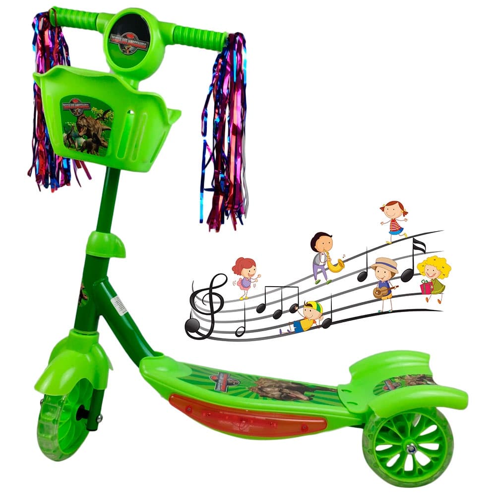 Carro para crianças  NovoPatinete Infantil Dinossauro 3 Rodas Cestinha Luz Musical Freio Altura Ajustável