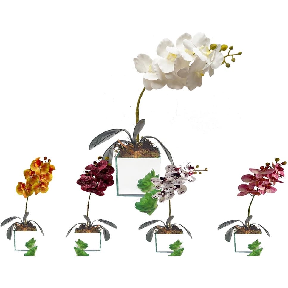 Arranjo de Orquídea Artificial em Silicone 3d Com Vaso de Vidro Espelhado